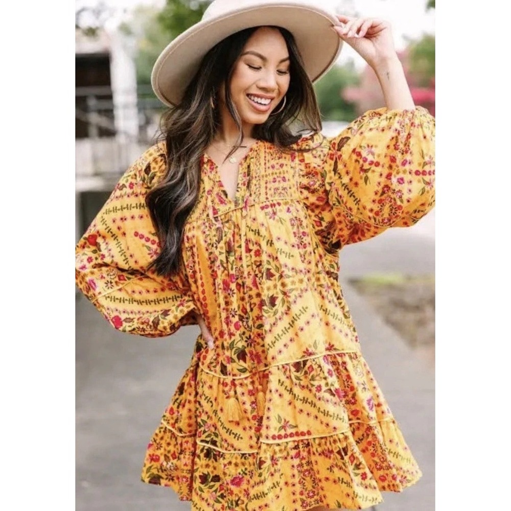 NEW Olivaceous‎ Ready For The Day Yellow Floral Flowy Long Sleeve Dress MD